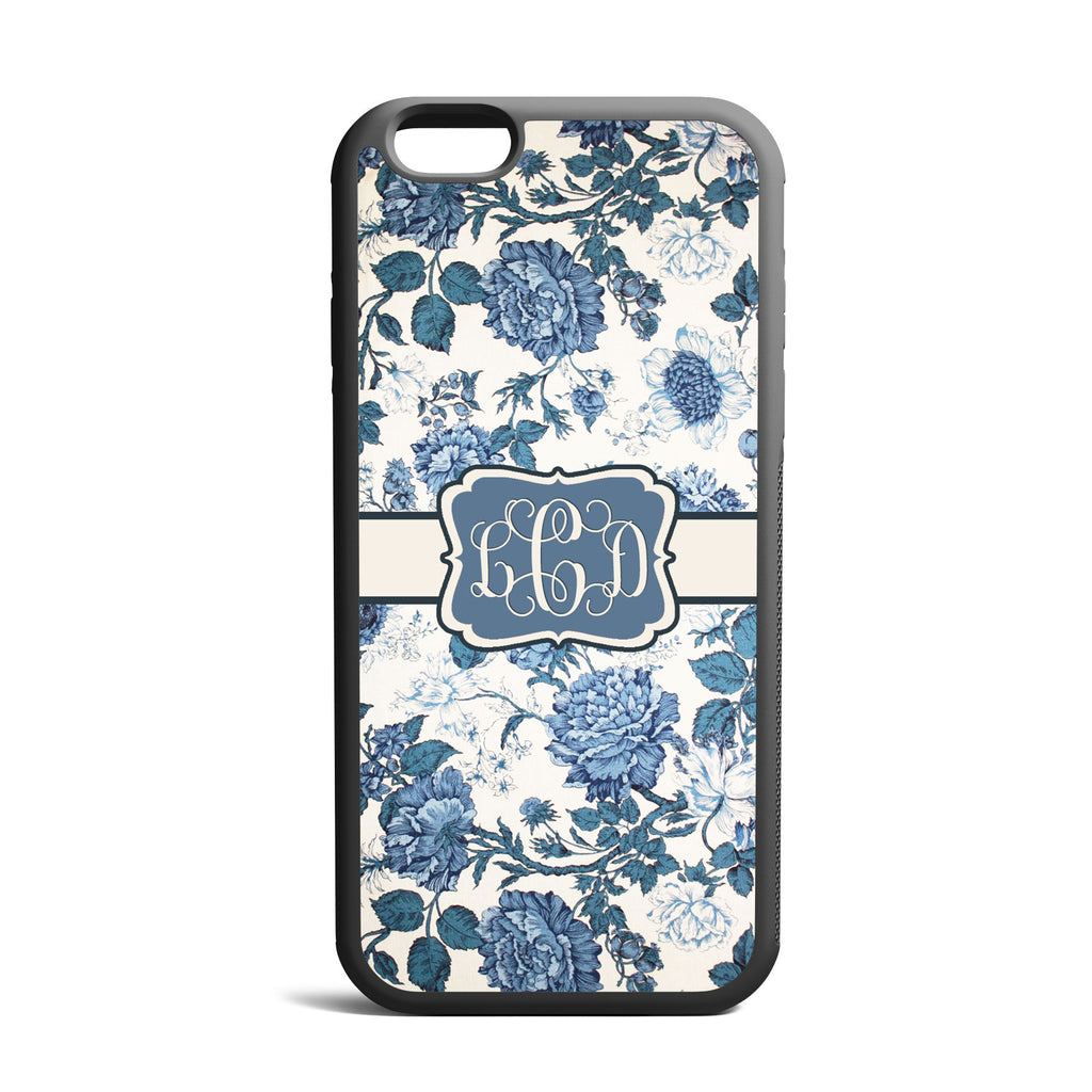 Dark Blue Floral Custom Monogrammed iPhone Case