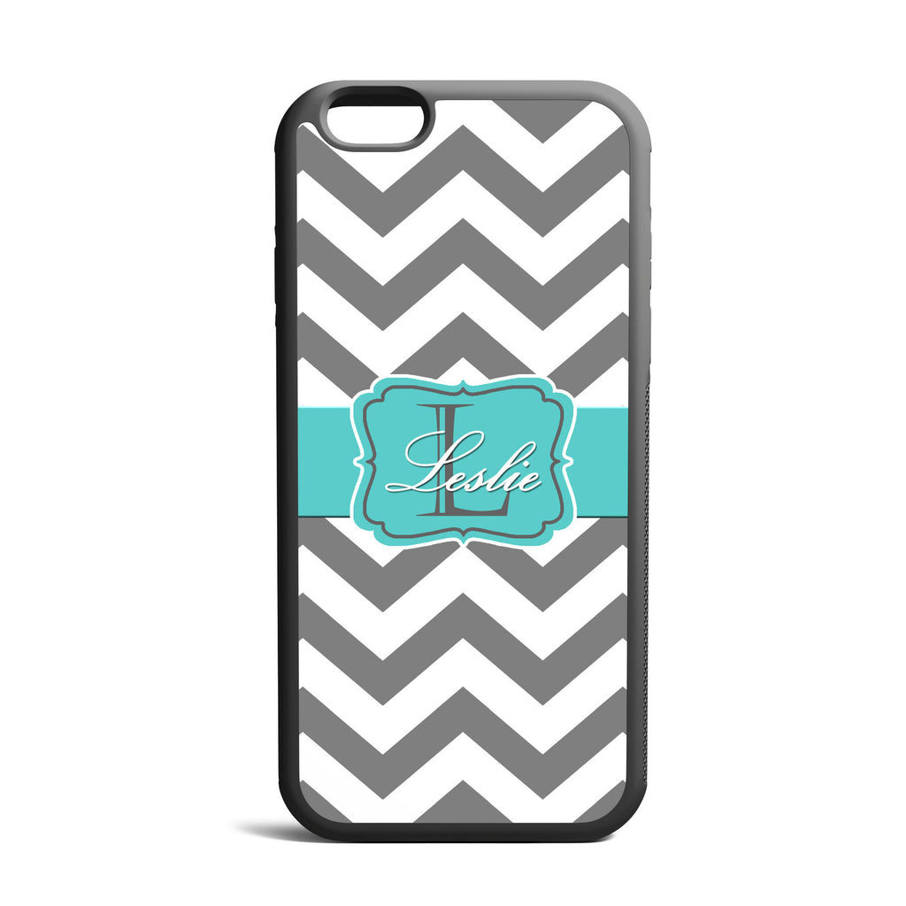 Gray Chevron Turquoise Blue Custom Name and Initial iPhone Case